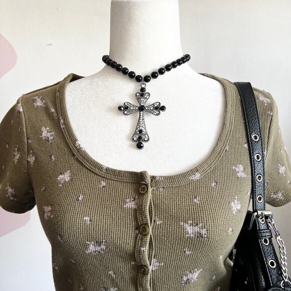 Green Waffle Knit Floral Crop Top, Y2K, Cottagecore, Indie, Retro, Small - Picture 2 of 6